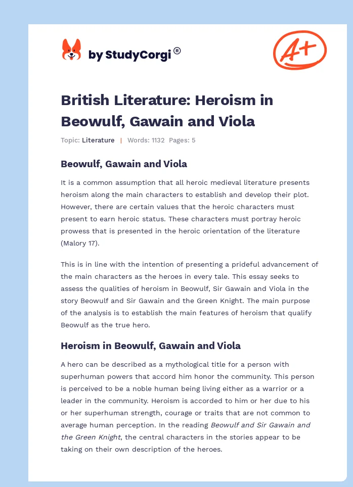 British Literature: Heroism in Beowulf, Gawain and Viola. Page 1