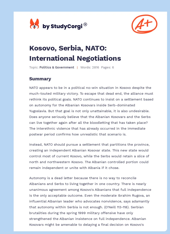 Kosovo, Serbia, NATO: International Negotiations. Page 1