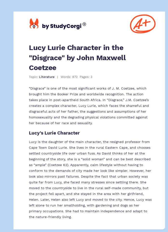 Lucy Lurie Character in the "Disgrace" by John Maxwell Coetzee. Page 1