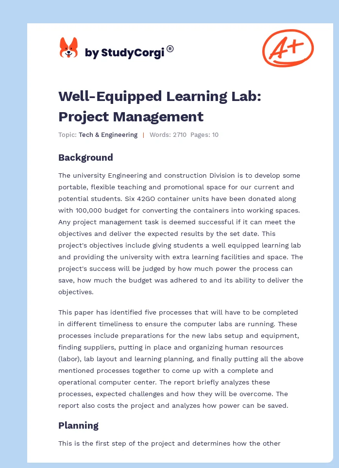 Well-Equipped Learning Lab: Project Management. Page 1