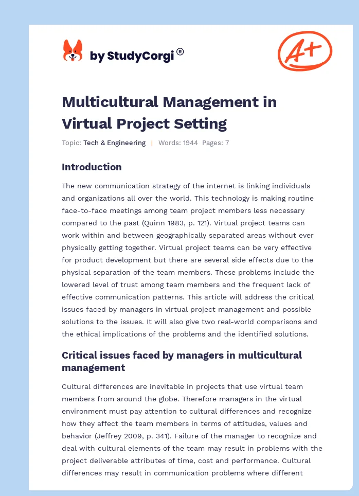 Multicultural Management in Virtual Project Setting. Page 1