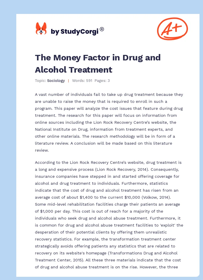 The Money Factor in Drug and Alcohol Treatment. Page 1
