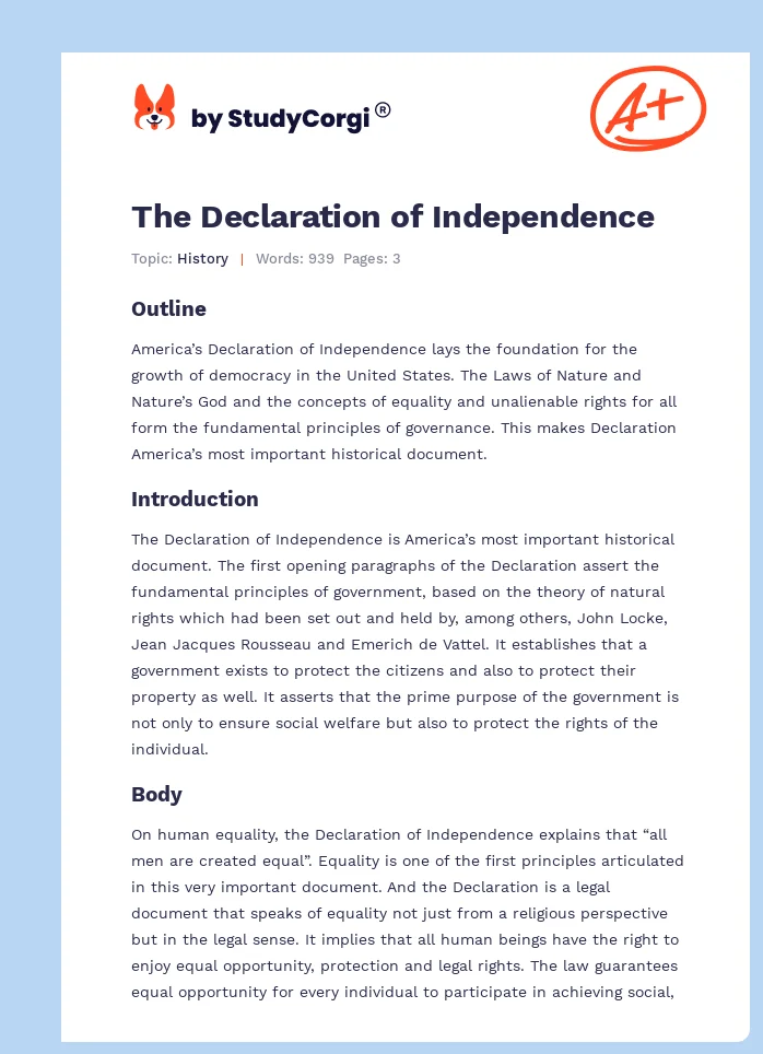 purpose of declaration of independence essay