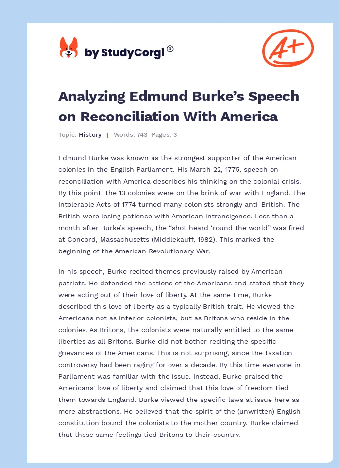 Analyzing Edmund Burke’s Speech on Reconciliation With America. Page 1