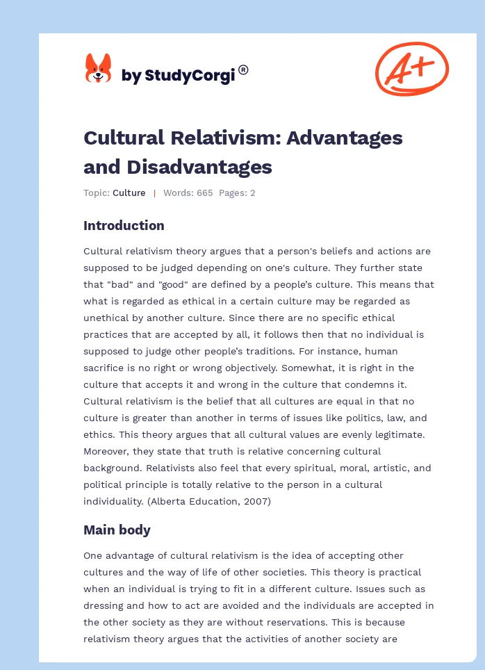 Cultural Relativism: Advantages And Disadvantages | Free Essay Example