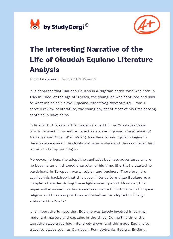 The Interesting Narrative of the Life of Olaudah Equiano Literature Analysis. Page 1