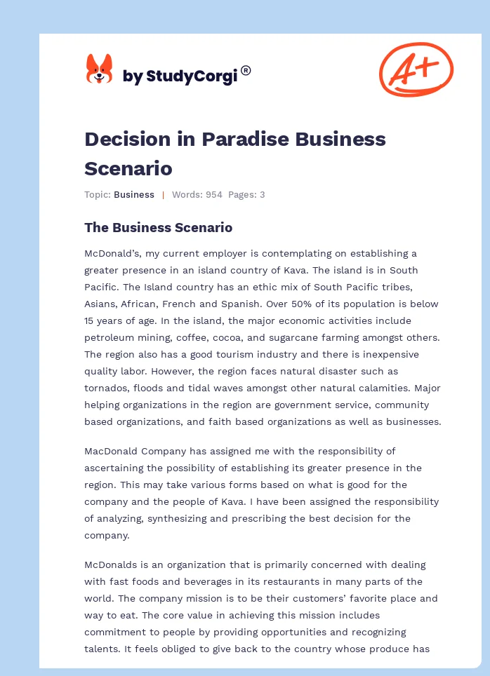 Decision in Paradise Business Scenario. Page 1