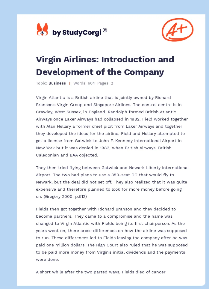 Virgin Airlines: Introduction and Development of the Company. Page 1