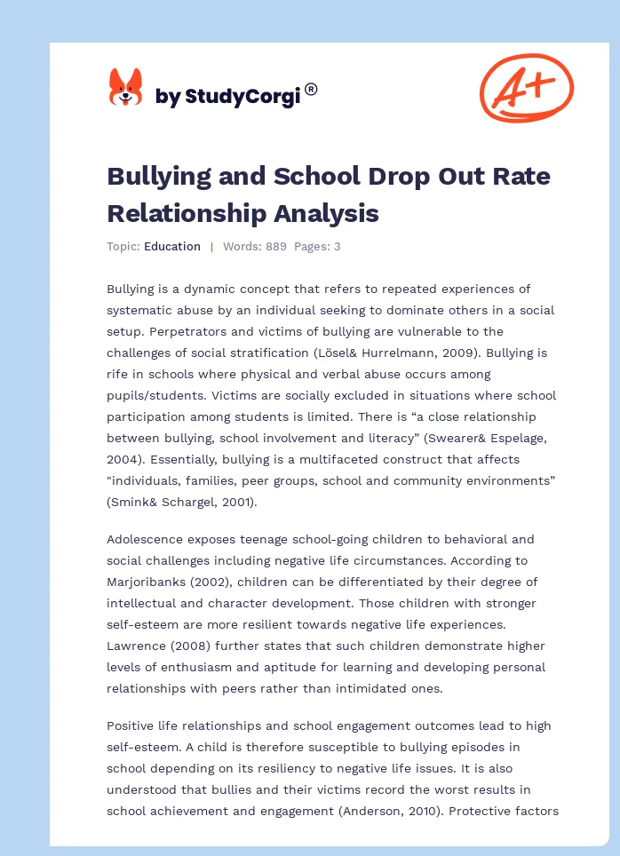 Bullying and School Drop Out Rate Relationship Analysis. Page 1