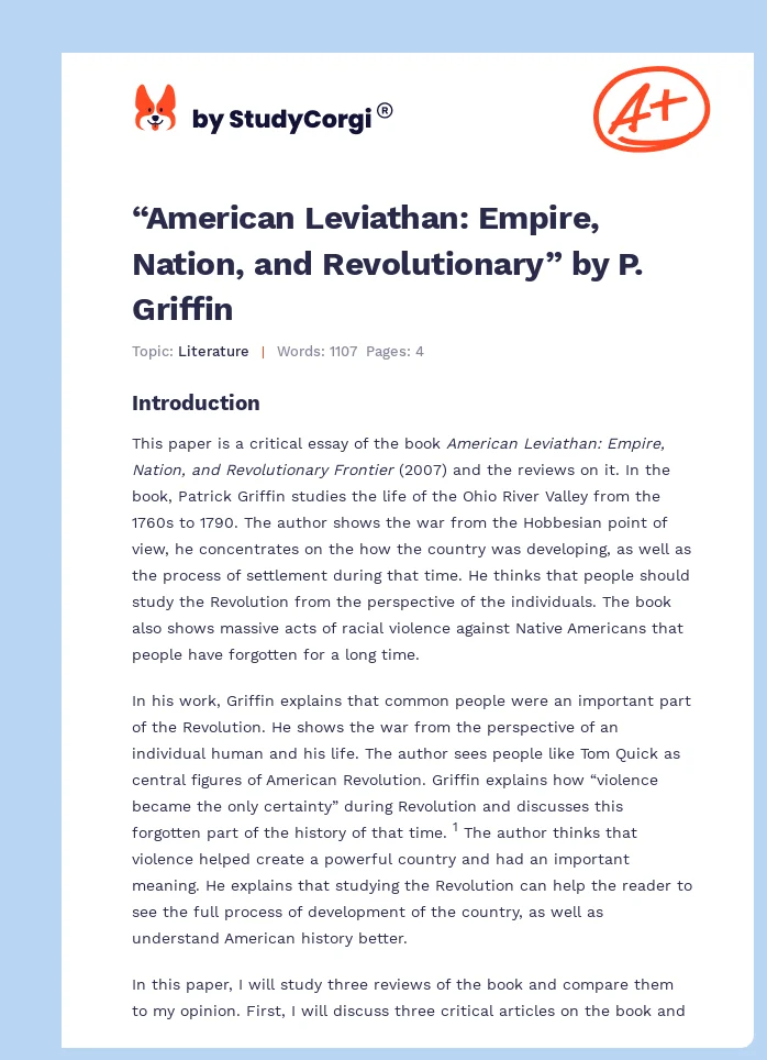 “American Leviathan: Empire, Nation, and Revolutionary” by P. Griffin. Page 1