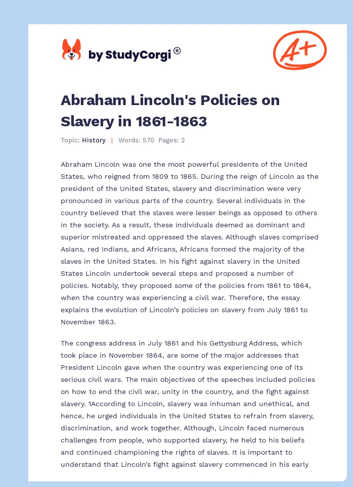 Abraham Lincoln's Policies on Slavery in 1861-1863. Page 1