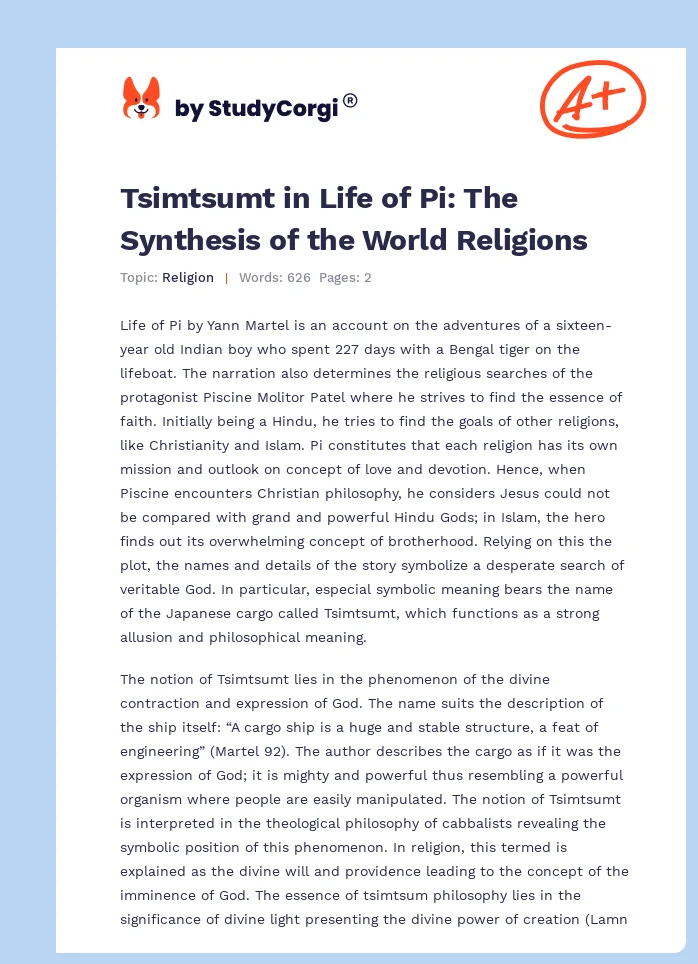 Tsimtsumt in Life of Pi: The Synthesis of the World Religions. Page 1