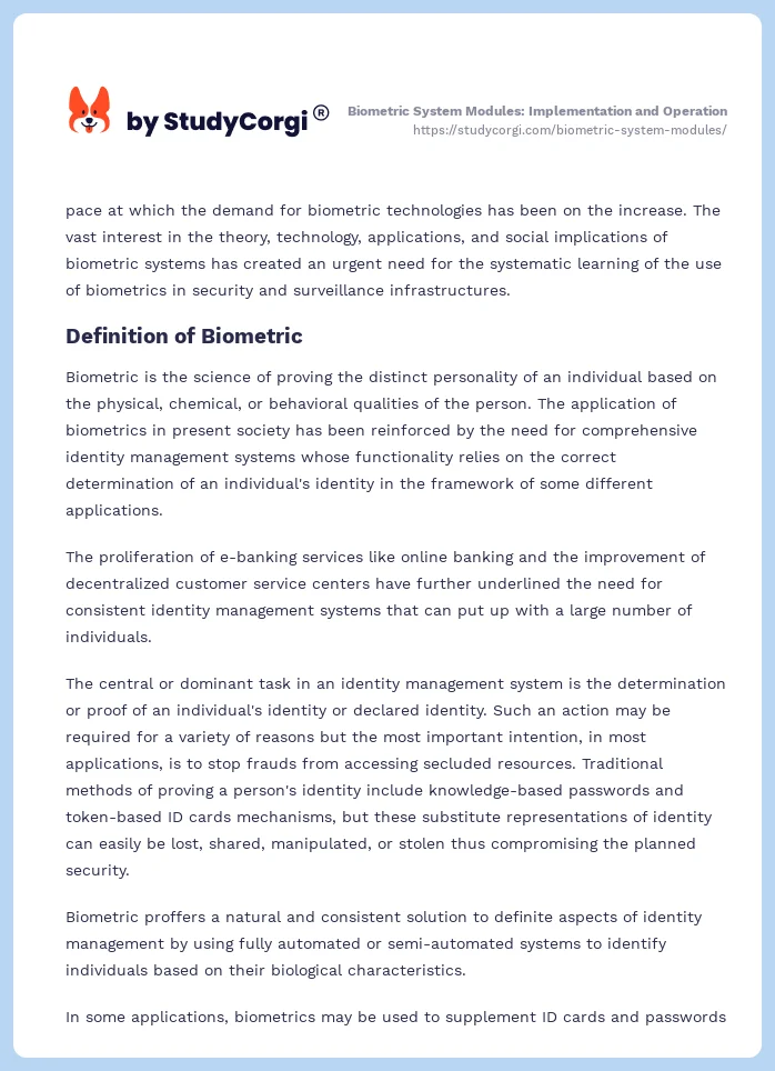 Biometric System Modules: Implementation and Operation. Page 2