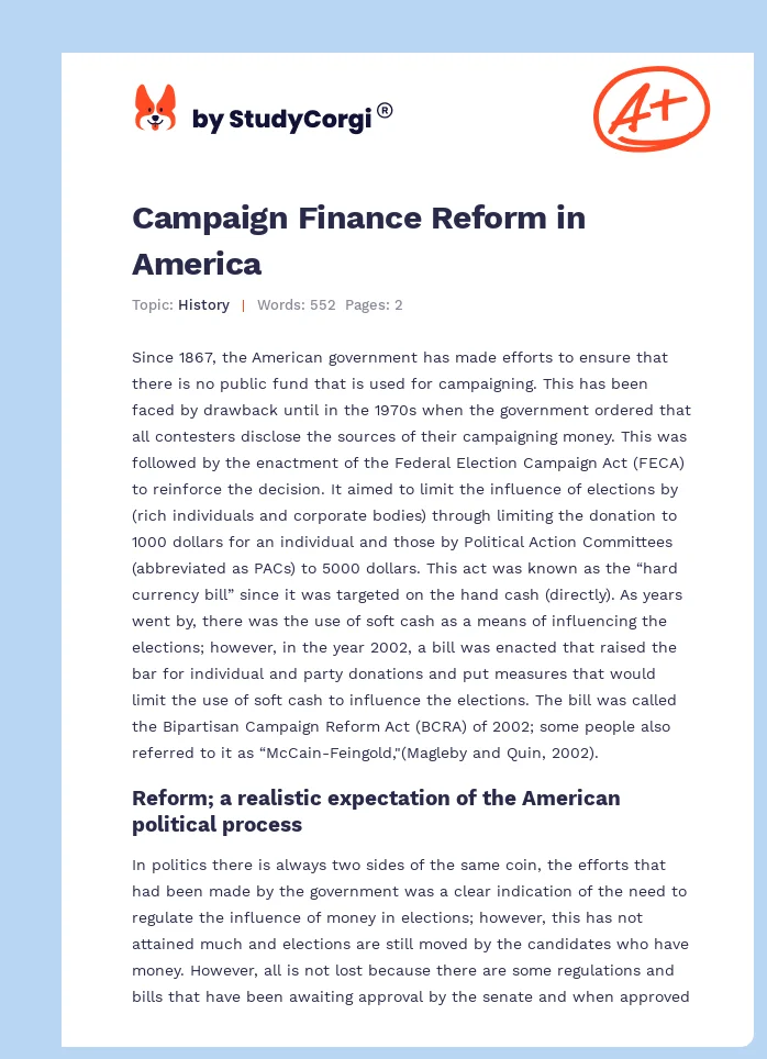 Campaign Finance Reform in America. Page 1