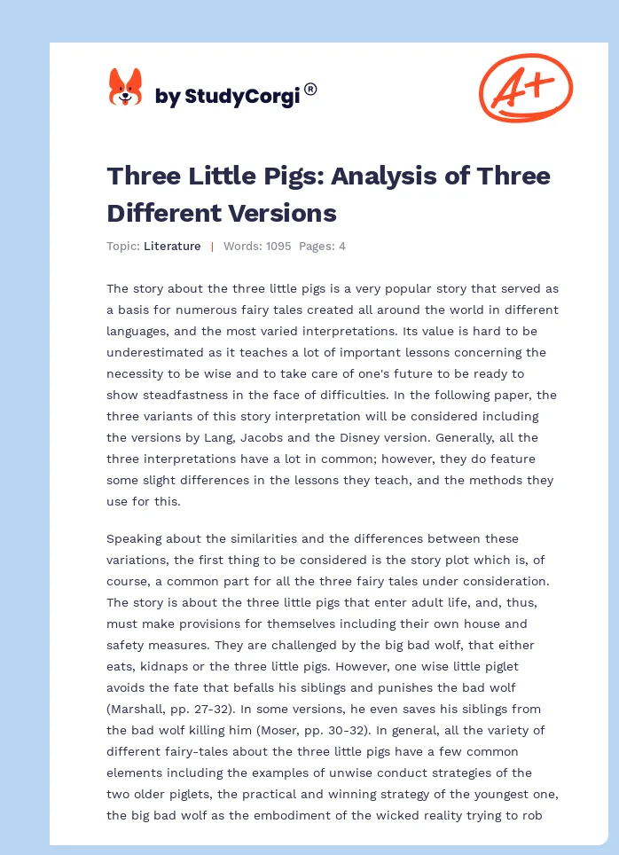 Three Little Pigs: Analysis of Three Different Versions. Page 1