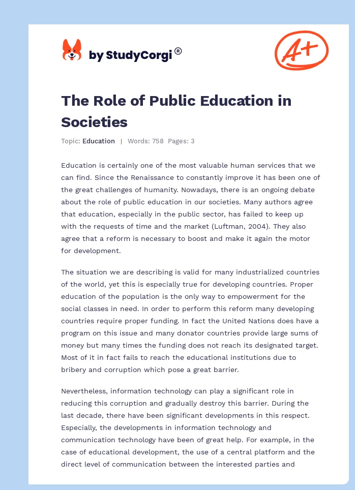 The Role of Public Education in Societies. Page 1