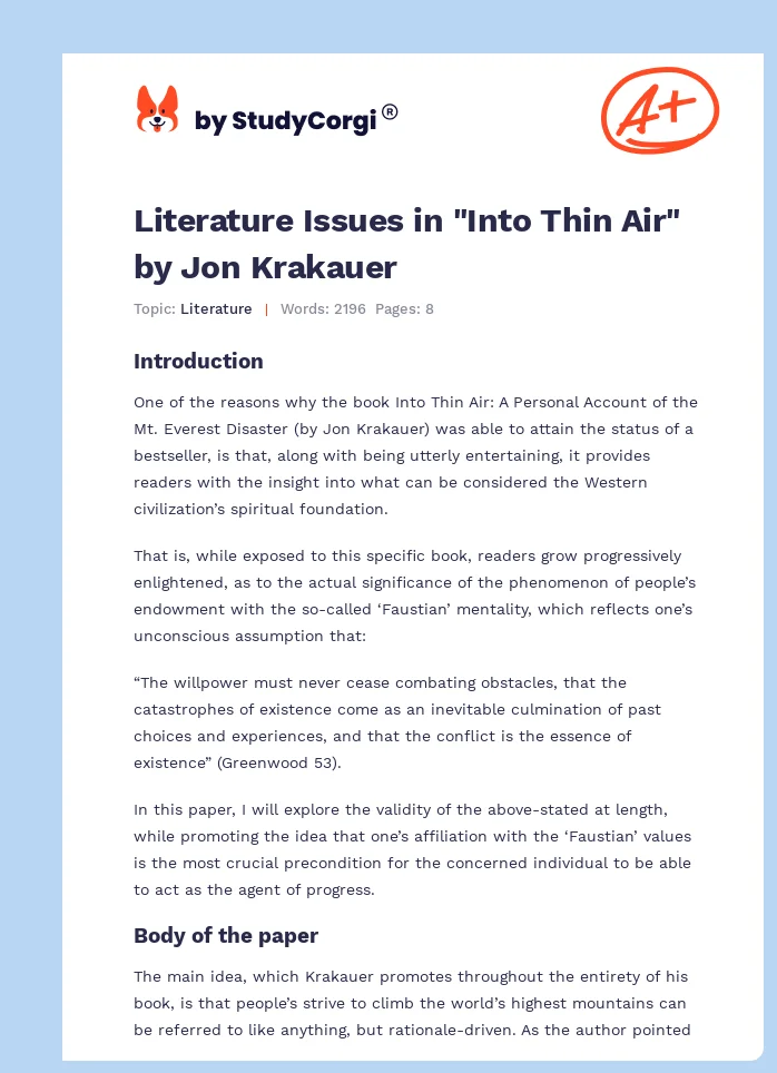 Literature Issues in "Into Thin Air" by Jon Krakauer. Page 1