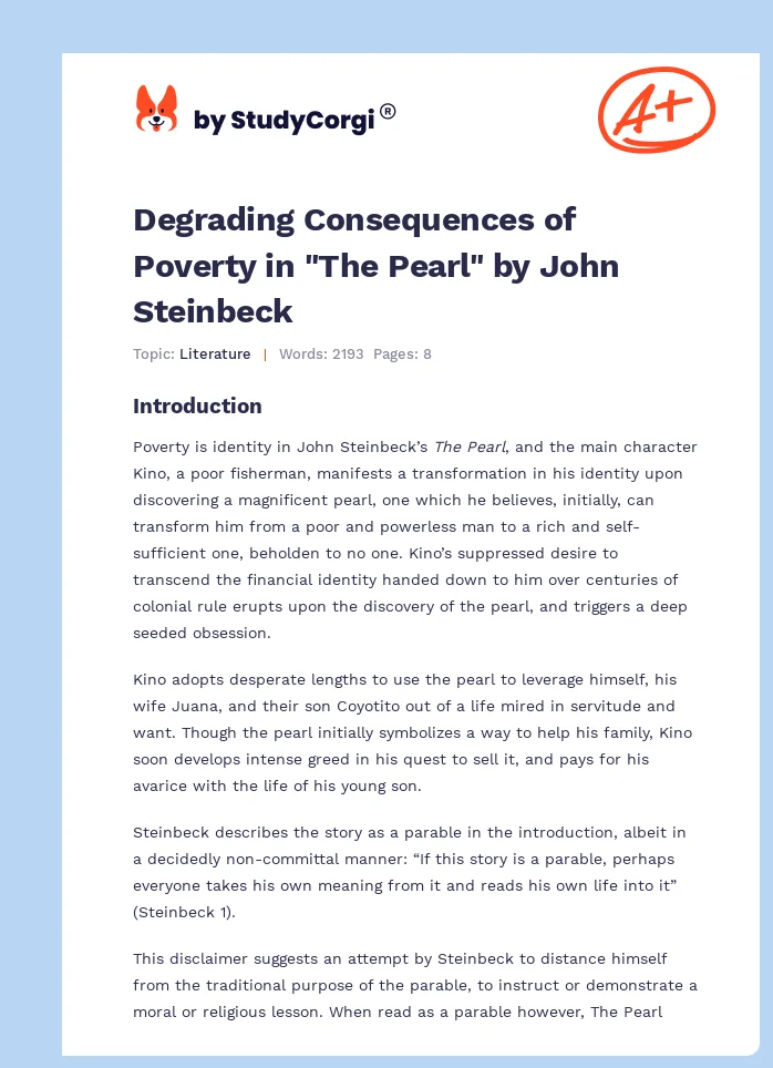 Degrading Consequences of Poverty in "The Pearl" by John Steinbeck. Page 1