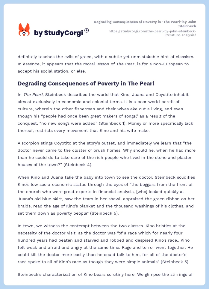 Degrading Consequences of Poverty in "The Pearl" by John Steinbeck. Page 2