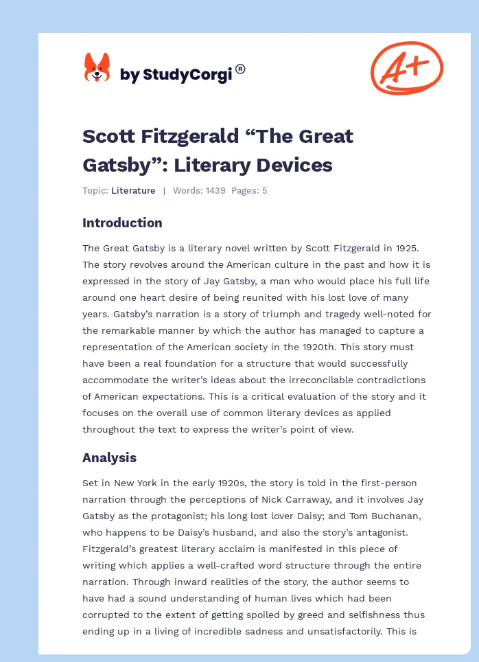 Scott Fitzgerald “The Great Gatsby”: Literary Devices. Page 1