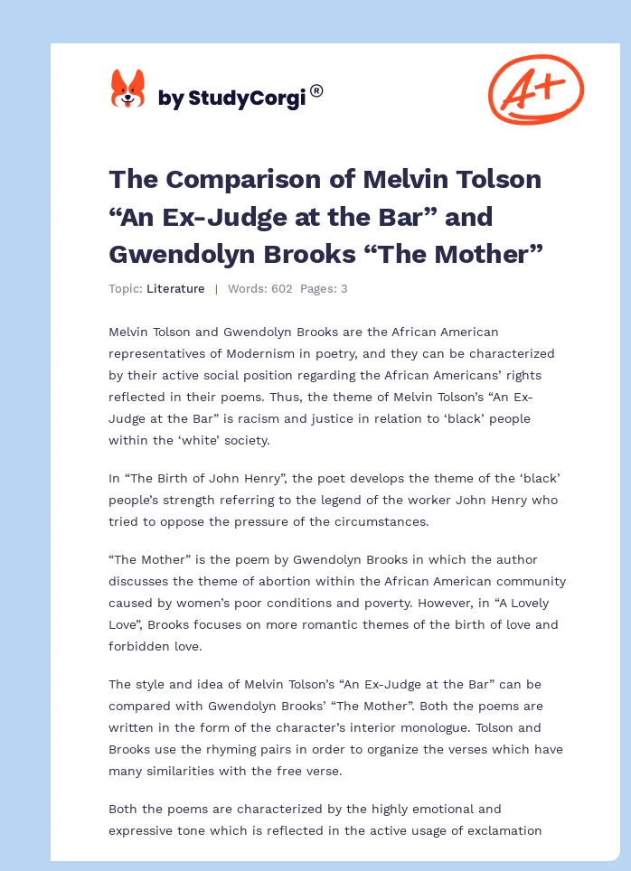 The Comparison of Melvin Tolson “An Ex-Judge at the Bar” and Gwendolyn Brooks “The Mother”. Page 1