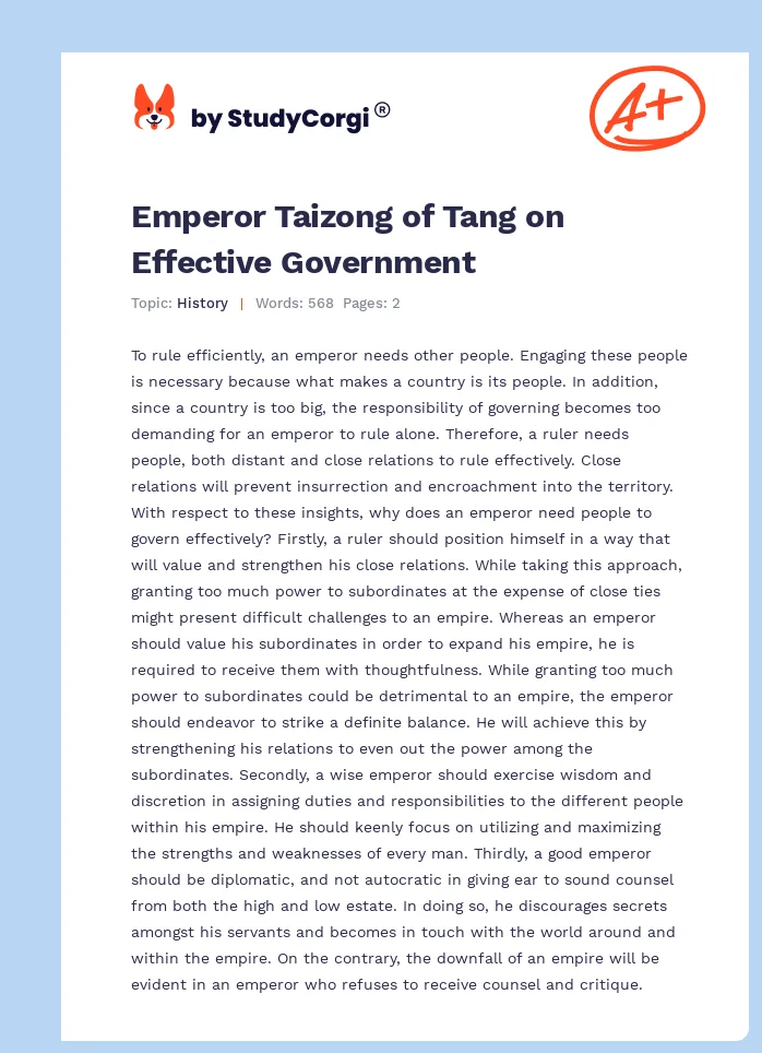 Emperor Taizong of Tang on Effective Government. Page 1