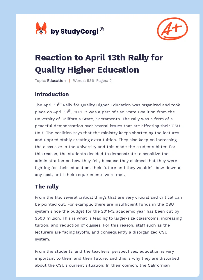 Reaction to April 13th Rally for Quality Higher Education. Page 1