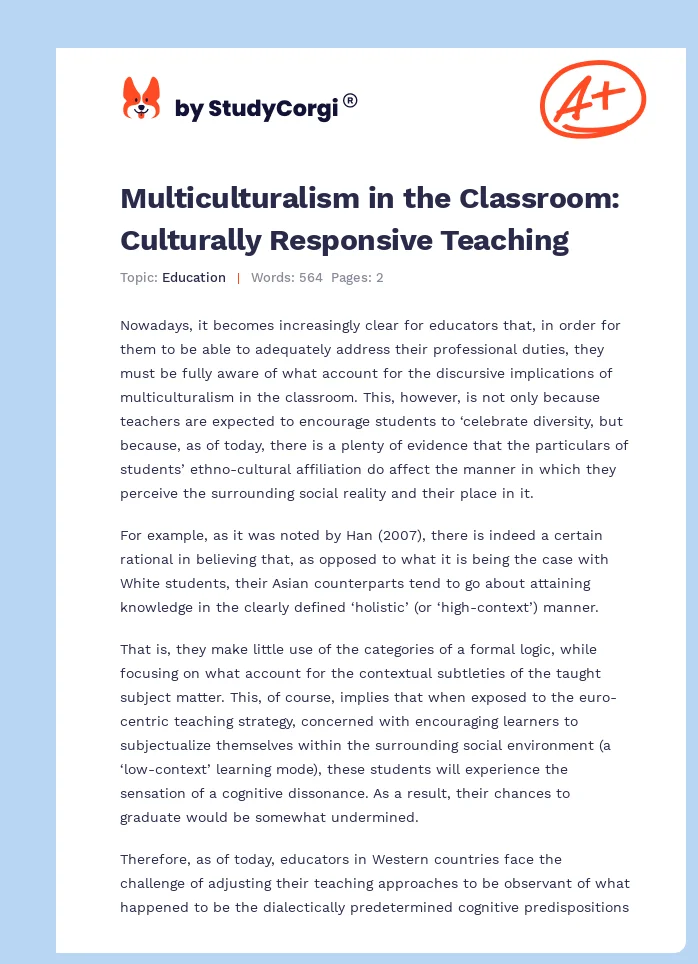 Multiculturalism in the Classroom: Culturally Responsive Teaching. Page 1