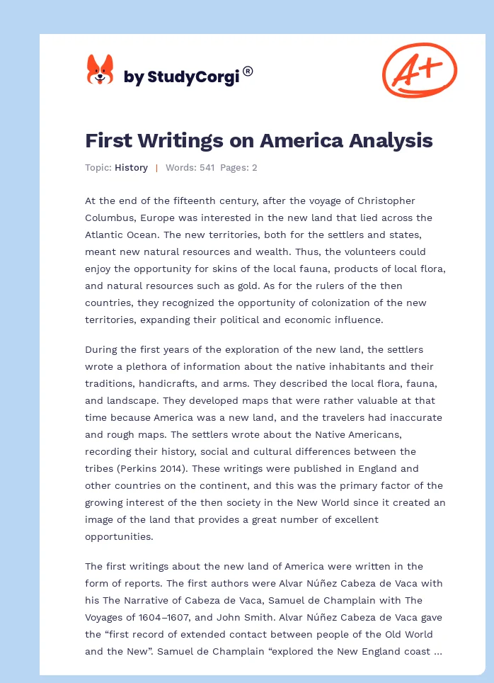 First Writings on America Analysis. Page 1