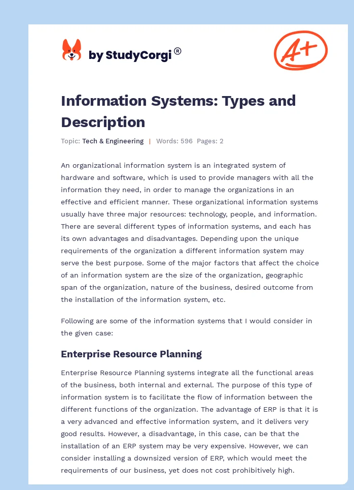 Information Systems: Types and Description. Page 1