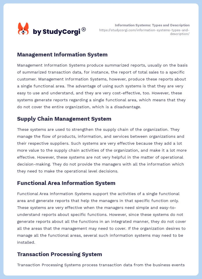 Information Systems: Types and Description. Page 2