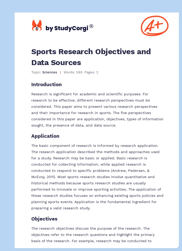 Sports Research Objectives and Data Sources. Page 1