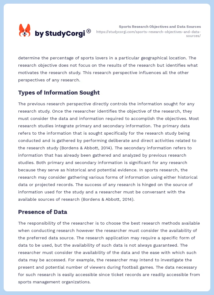 Sports Research Objectives and Data Sources. Page 2