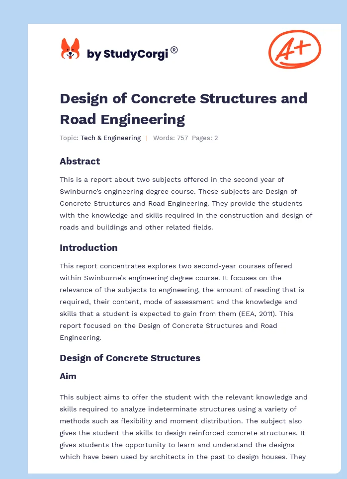 Design of Concrete Structures and Road Engineering. Page 1