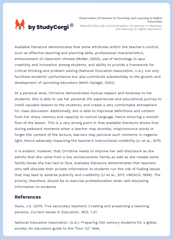 Observation of Seminar in Teaching and Learning in Higher Education. Page 2
