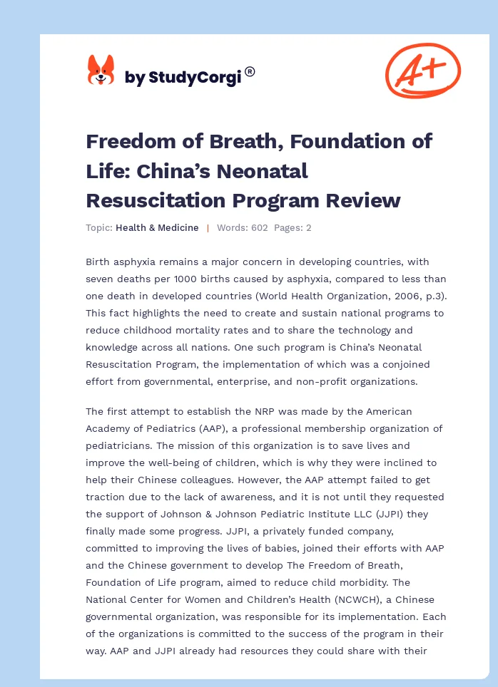 Freedom of Breath, Foundation of Life: China’s Neonatal Resuscitation Program Review. Page 1