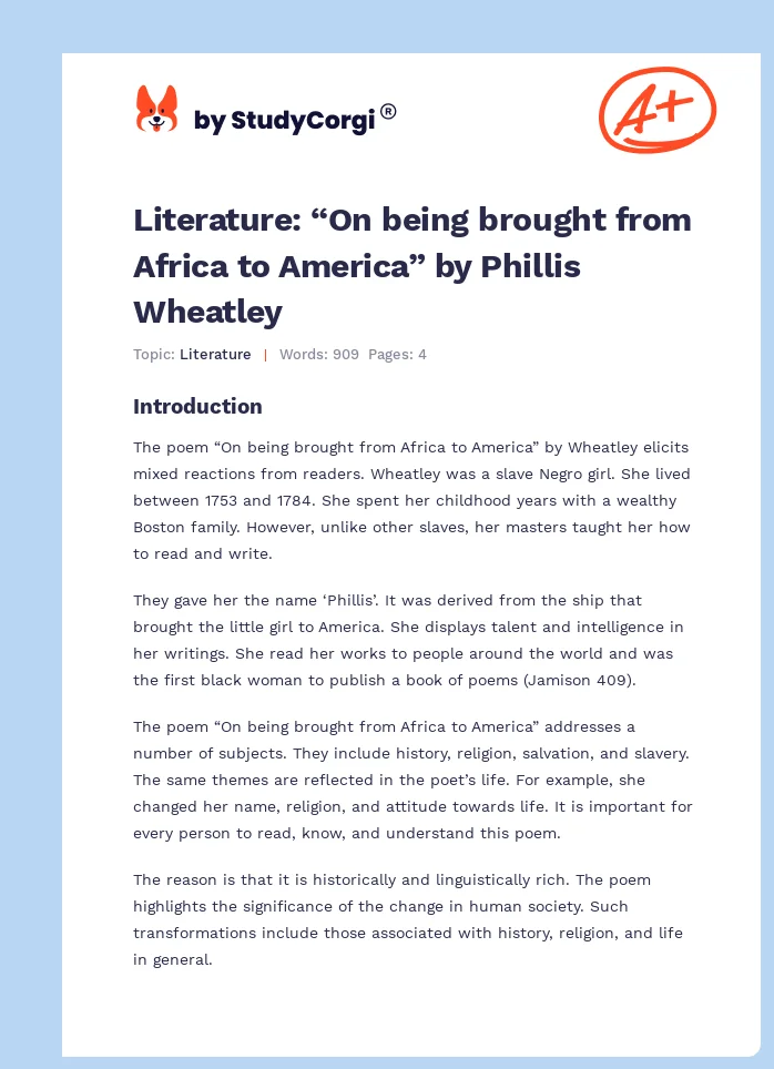 Literature: “On being brought from Africa to America” by Phillis Wheatley. Page 1