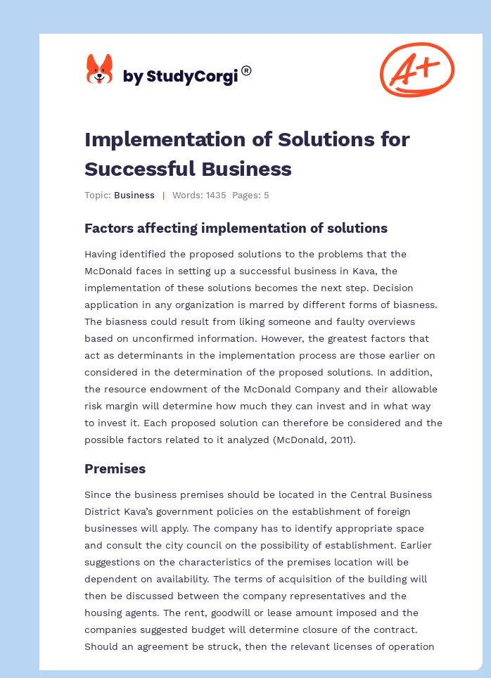 Implementation of Solutions for Successful Business. Page 1
