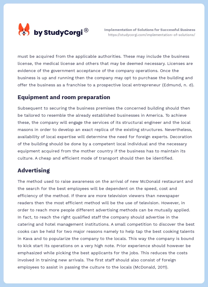 Implementation of Solutions for Successful Business. Page 2
