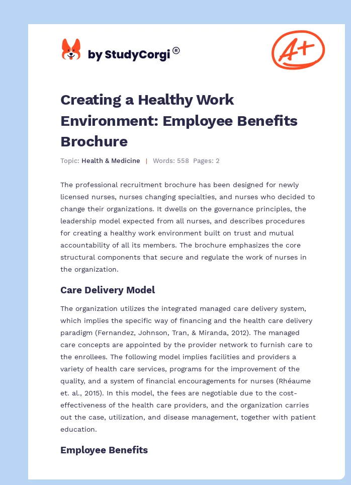 Creating a Healthy Work Environment: Employee Benefits Brochure. Page 1