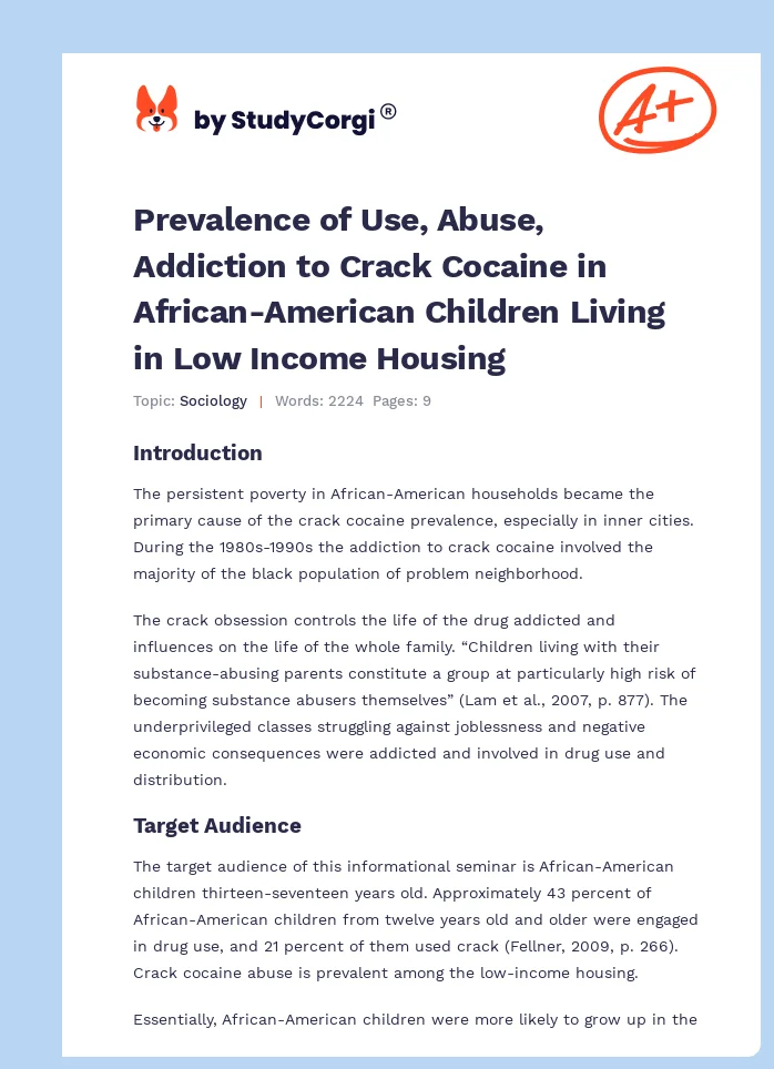 Prevalence of Use, Abuse, Addiction to Crack Cocaine in African-American Children Living in Low Income Housing. Page 1