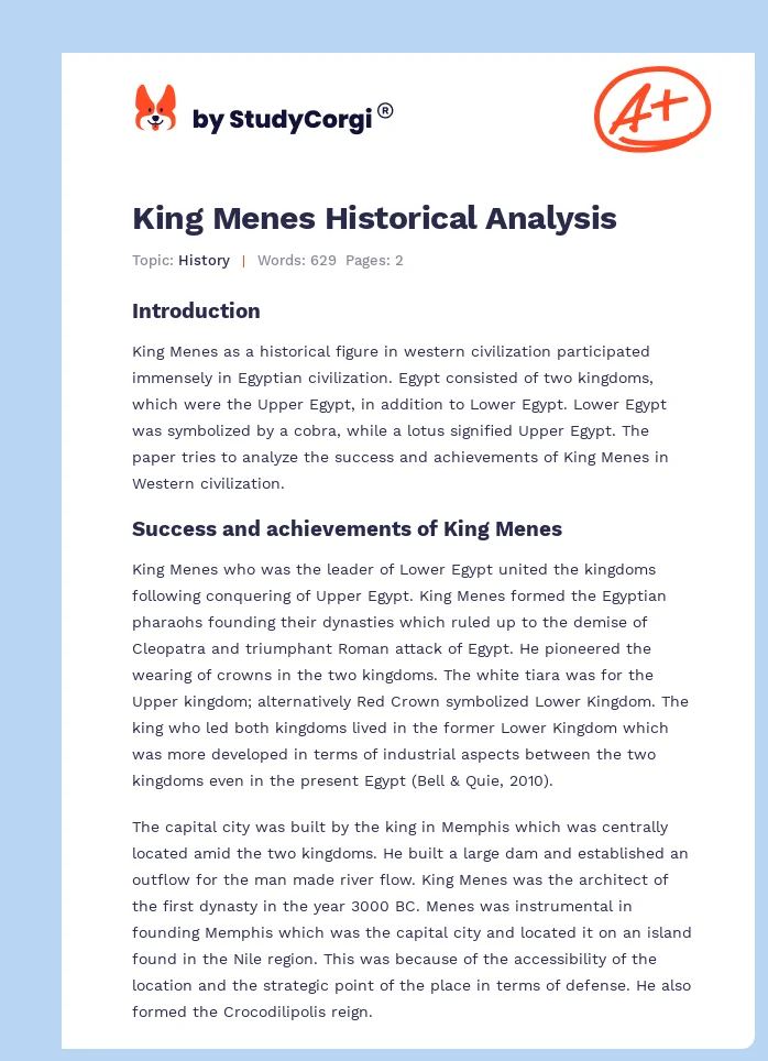 King Menes Historical Analysis. Page 1