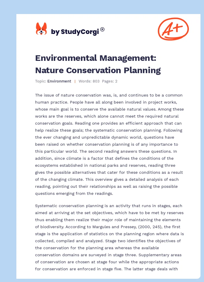 Environmental Management: Nature Conservation Planning. Page 1