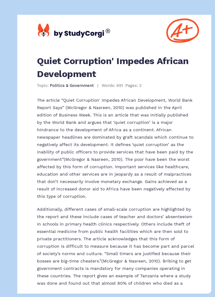 Quiet Corruption' Impedes African Development. Page 1