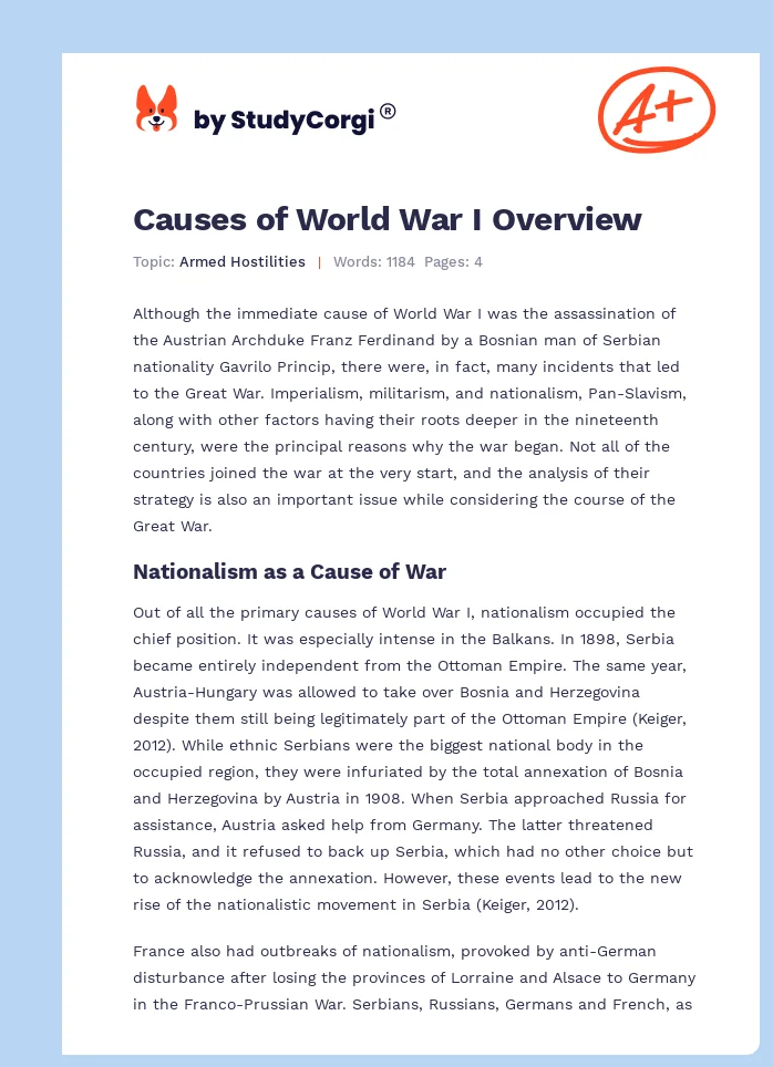 Causes of World War I Overview. Page 1