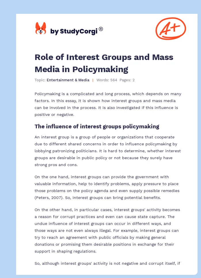 Role of Interest Groups and Mass Media in Policymaking. Page 1