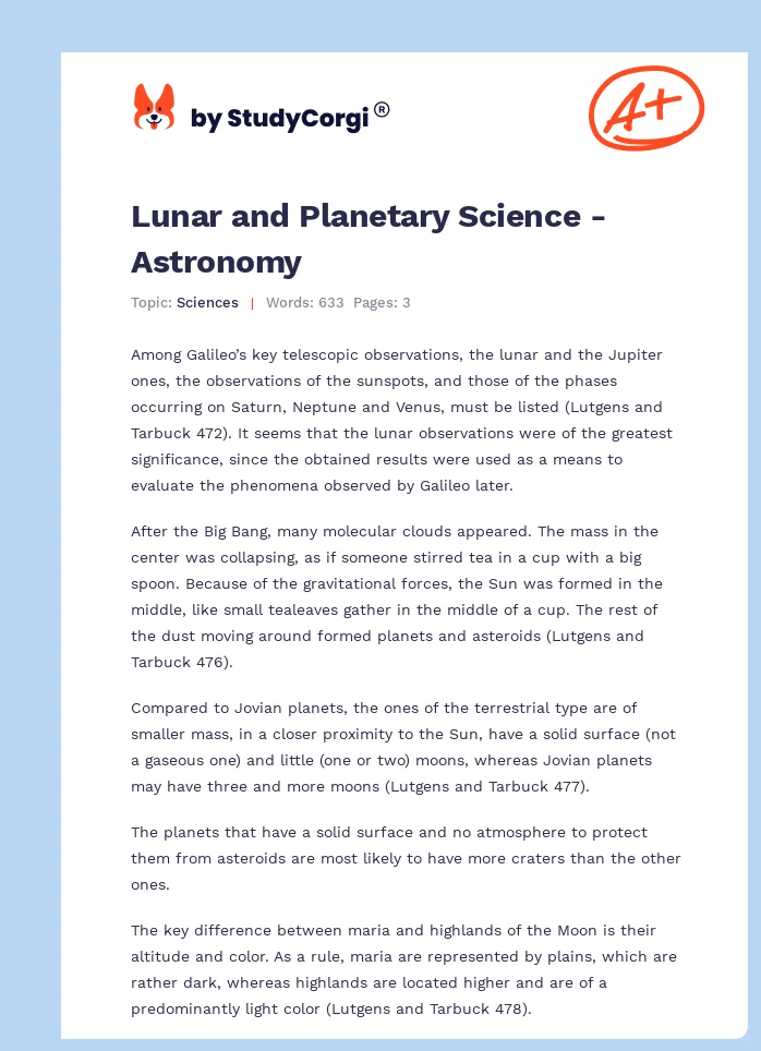 Lunar and Planetary Science - Astronomy. Page 1