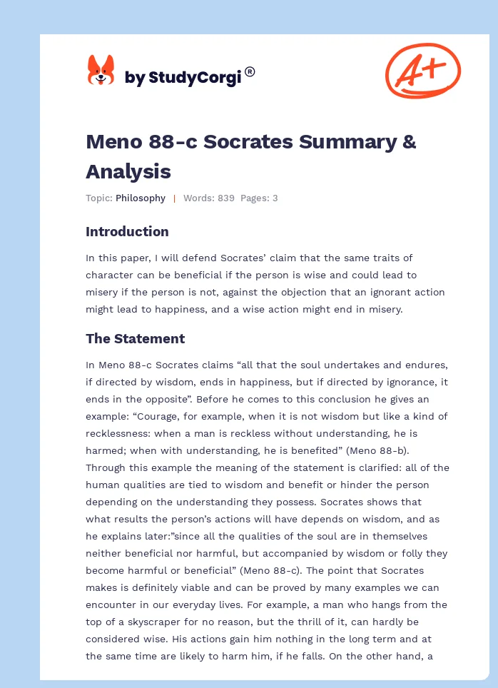 Meno 88-c Socrates Summary & Analysis. Page 1