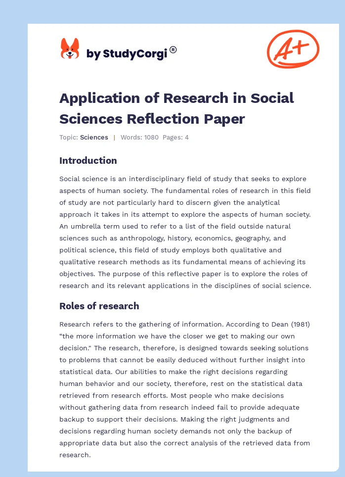 Application of Research in Social Sciences Reflection Paper. Page 1