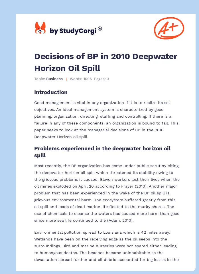 Decisions of BP in 2010 Deepwater Horizon Oil Spill. Page 1